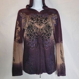 Y2K Vintage One World Rhinestone Full Zip Hoodie Gothic Grunge Size Medium